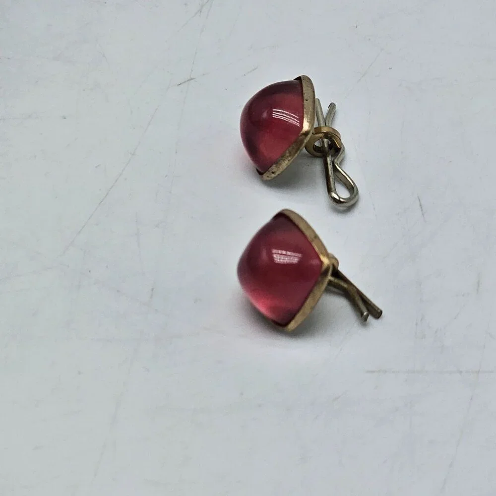 Vintage Square Pink Lucite Cabochon Clip-On Earrings Gold Tone Art Deco
